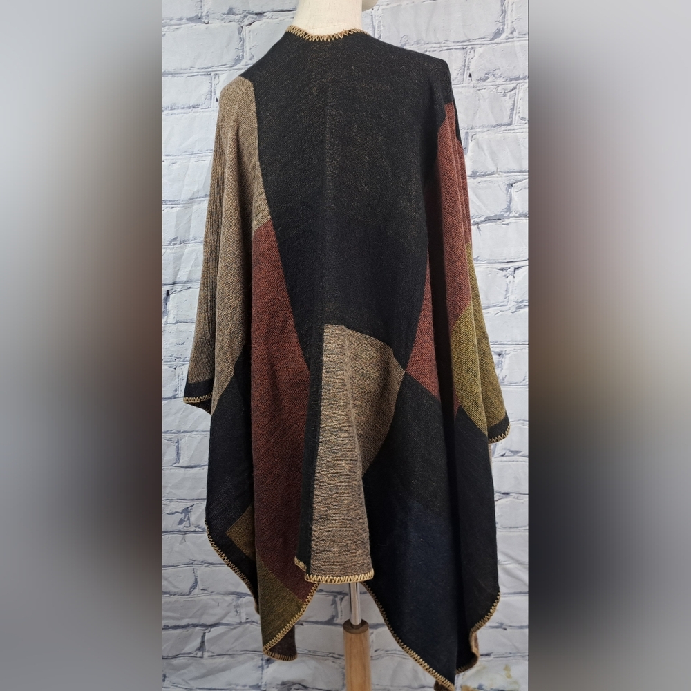 Danier Womens Cape Poncho Boho Wrap Blanket Shawl Open Front Colorblock One Size - Picture 6 of 13
